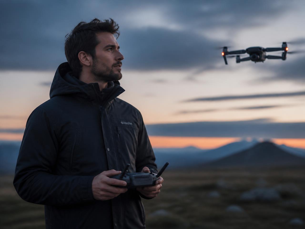 FAA Part 107 certified drone pilot operating a commercial drone at dusk