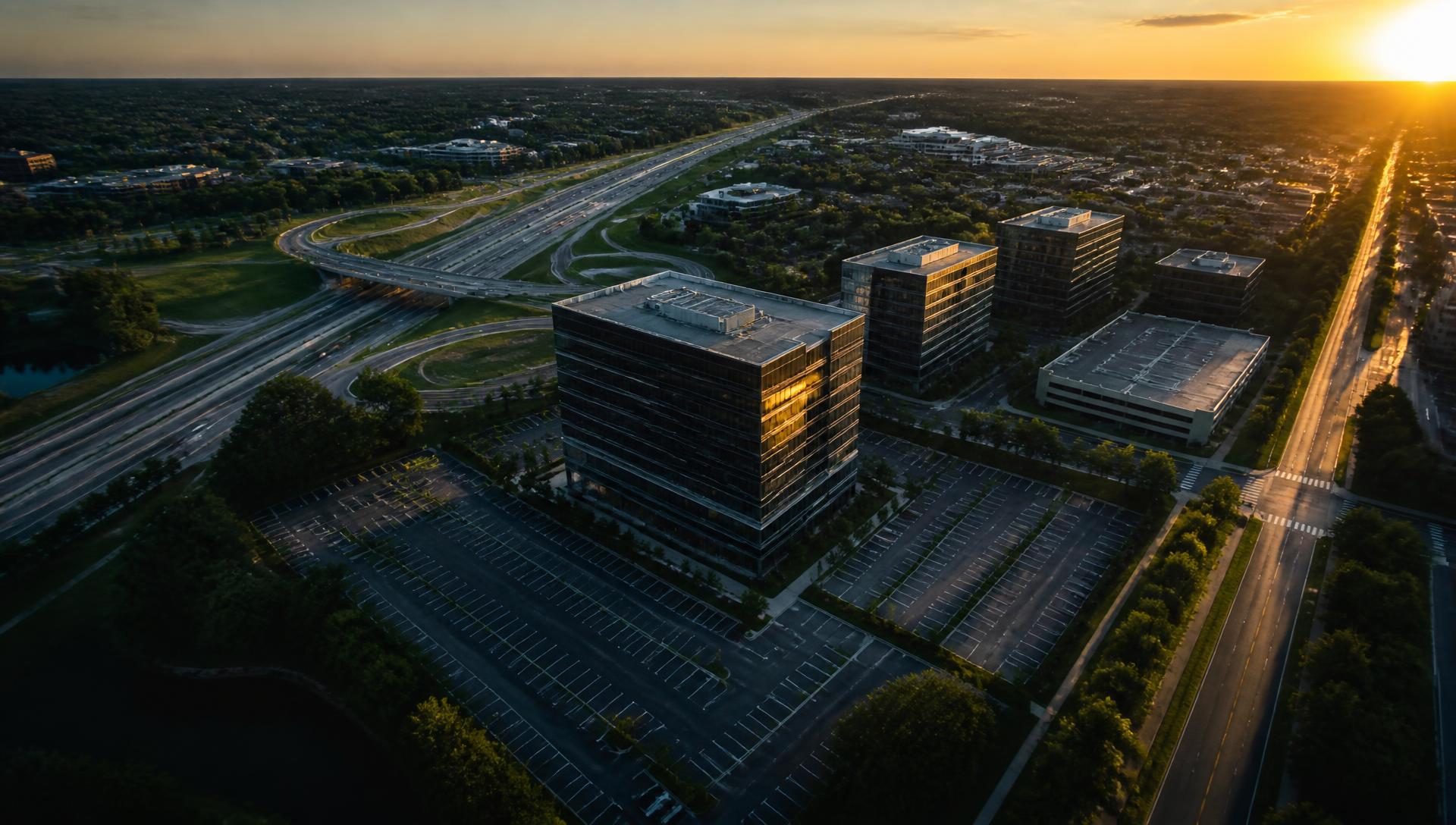 Aerial drone view of a commercial office park at golden hour near Omaha